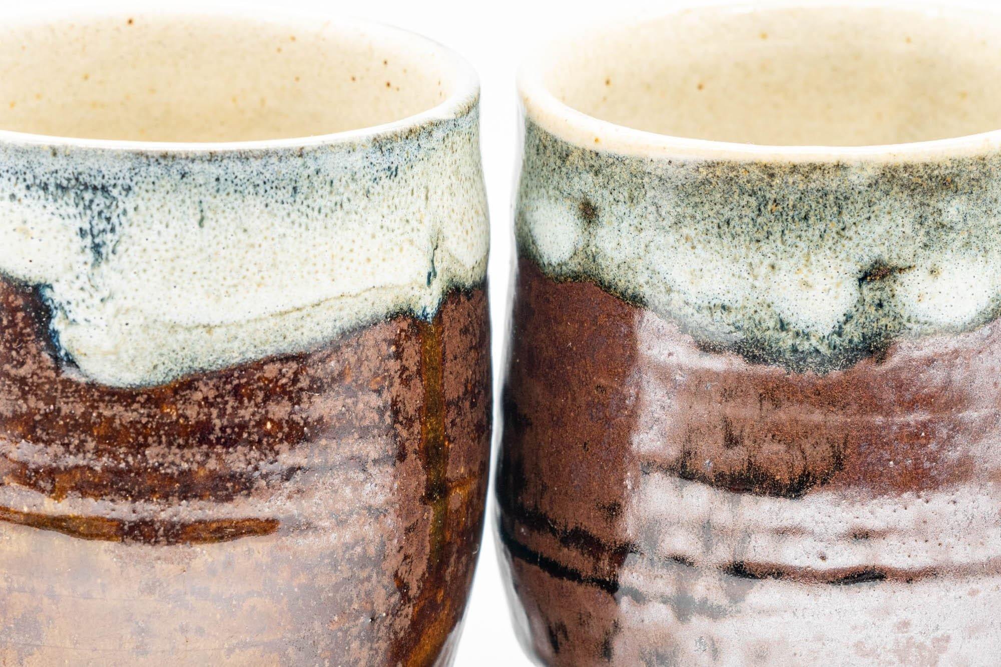Japanese Teacups - Pair of Brown and White Drip-Glazed Yunomi - 210ml