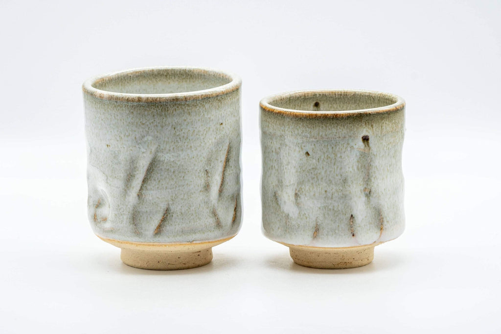 Japanese Teacups - Pair of Hagi-yaki Grey and Beige Hare's Fur Glazed Meoto Yunomi 天龍