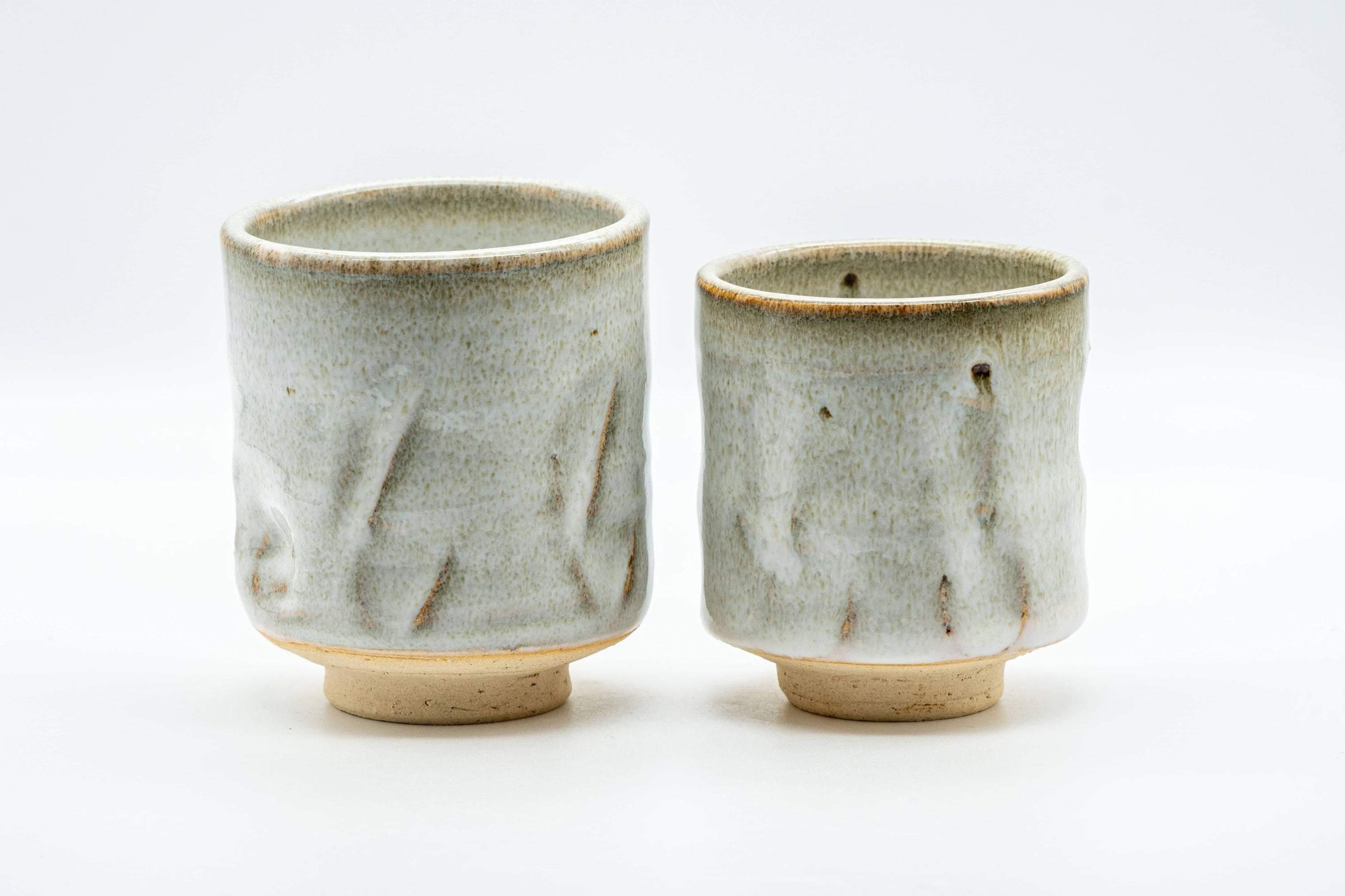 Japanese Teacups - Pair of Hagi-yaki Grey and Beige Hare's Fur Glazed Meoto Yunomi 天龍