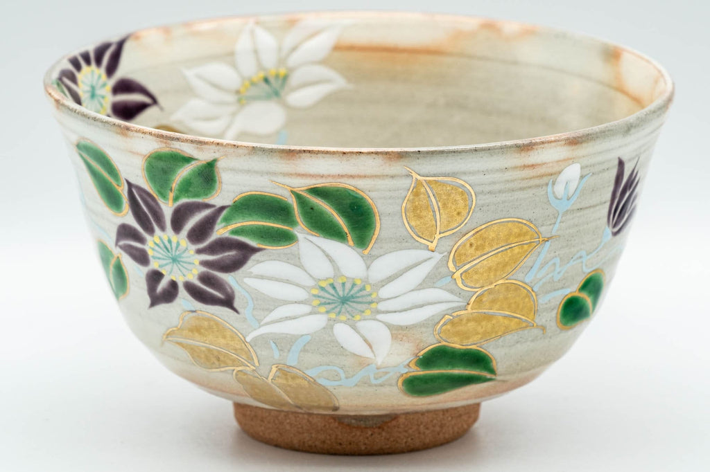 Japanese Matcha Bowl Set - Floral Hatazori-gata Kyo-yaki Chawan with Bamboo Chasen Whisk and Chashaku Scoop - 350ml