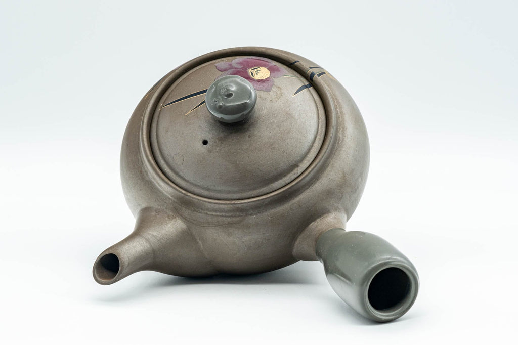 Japanese Kyusu - Grey and Pink Floral Teapot with Rubber Grip - 380ml