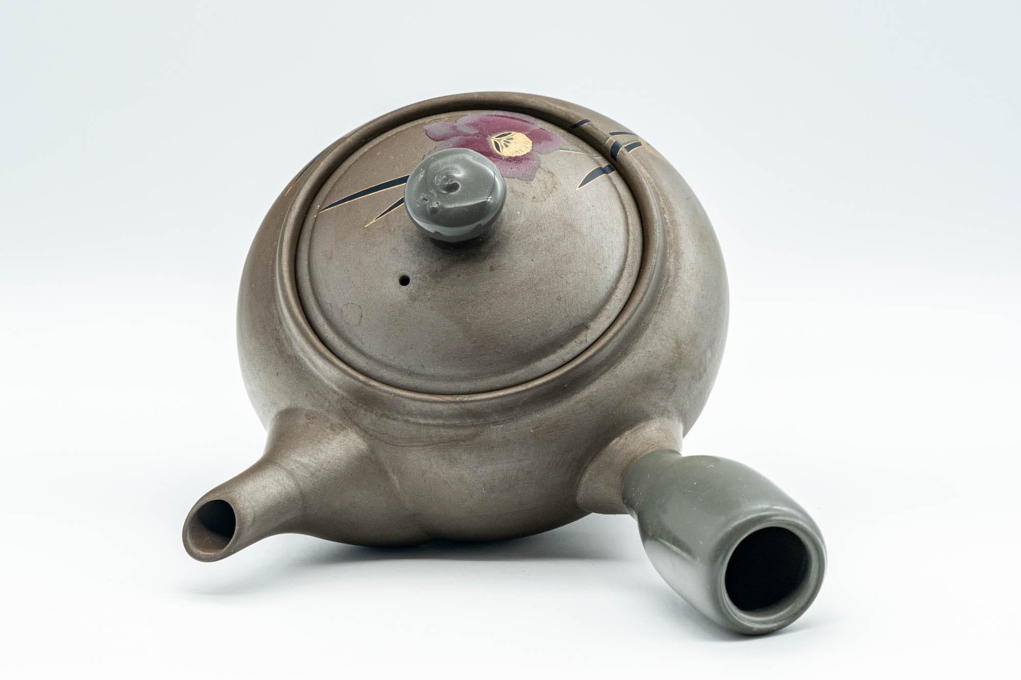 Japanese Kyusu - Grey and Pink Floral Teapot with Rubber Grip - 380ml