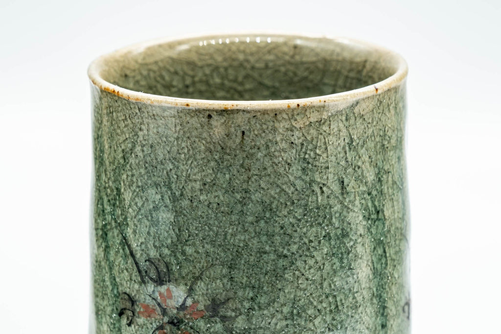 Japanese Teacups - Pair of Meoto Celadon Snowflake Glazed Floral Wabi-Sabi Yunomi