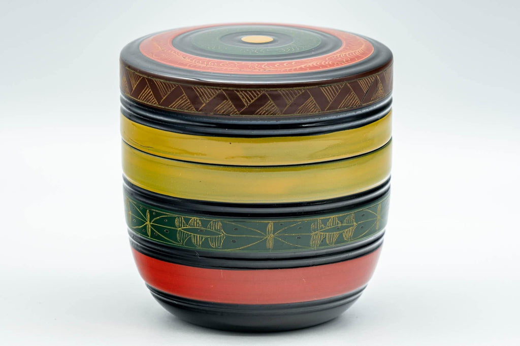 Japanese Natsume - Geometric Green, Red, and Yellow Striped Matcha Caddy - 100ml