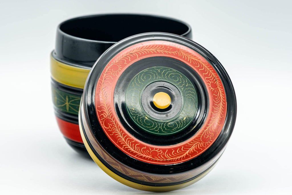 Japanese Natsume - Geometric Green, Red, and Yellow Striped Matcha Caddy - 100ml