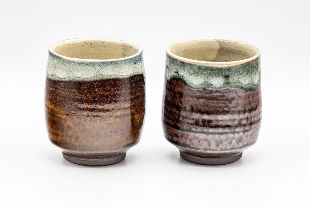 Japanese Teacups - Pair of Brown and White Drip-Glazed Yunomi - 210ml