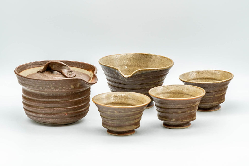 Japanese Tea Set - 大西忠左 Tadashi Onishi - Shigaraki-yaki Shiboridashi Teapot - Katakuchi Water Cooler - 3 Yunomi Teacups