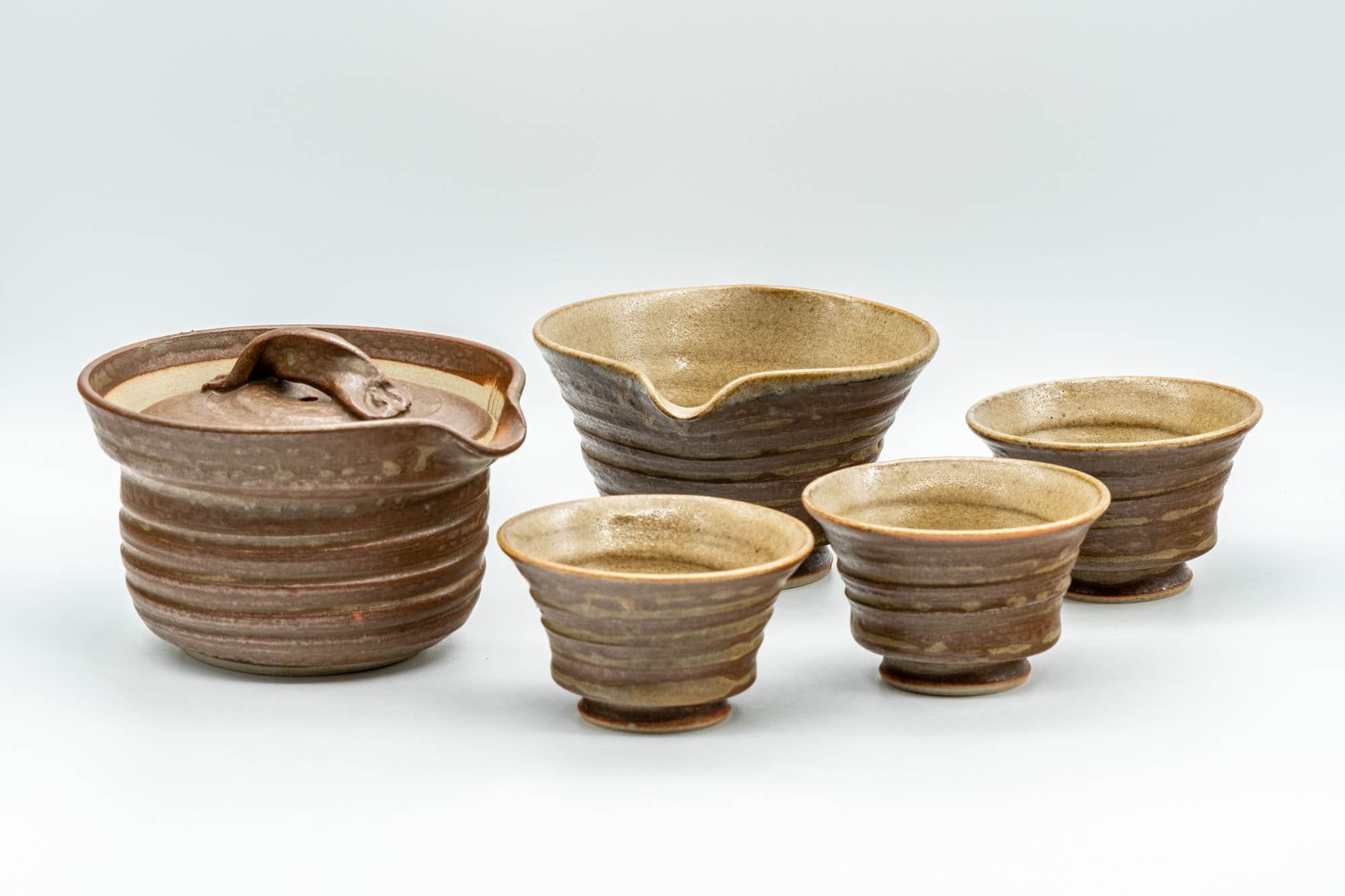 Japanese Tea Set - 大西忠左 Tadashi Onishi - Shigaraki-yaki Shiboridashi Teapot - Katakuchi Water Cooler - 3 Yunomi Teacups