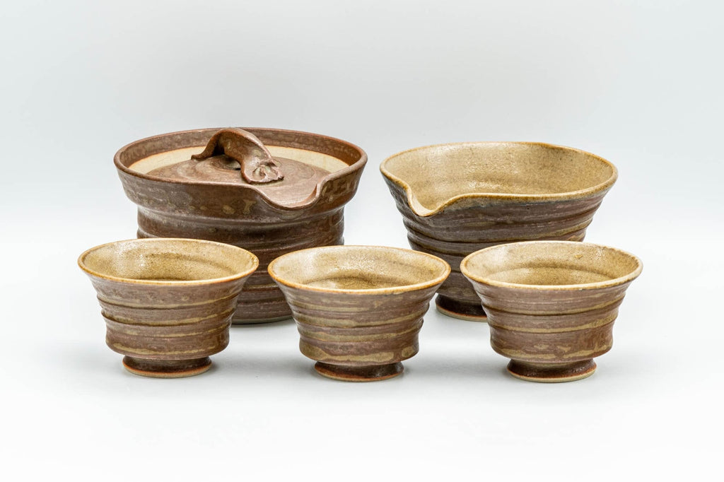 Japanese Tea Set - 大西忠左 Tadashi Onishi - Shigaraki-yaki Shiboridashi Teapot - Katakuchi Water Cooler - 3 Yunomi Teacups