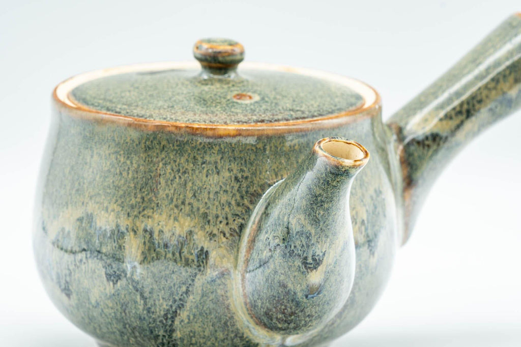 Japanese Tea Set - Green Drip-Glazed Debeso Kyusu Teapot with 5 Yunomi Teacups
