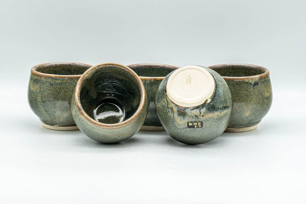 Japanese Tea Set - Green Drip-Glazed Debeso Kyusu Teapot with 5 Yunomi Teacups