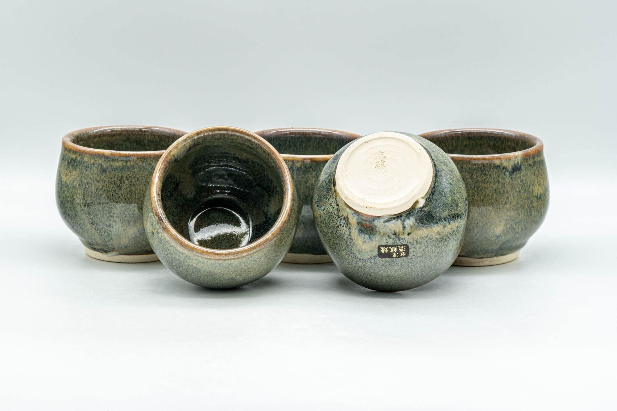Japanese Tea Set - Green Drip-Glazed Debeso Kyusu Teapot with 5 Yunomi Teacups