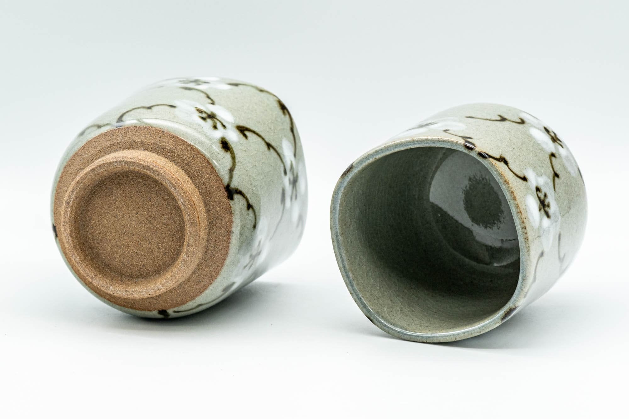 Japanese Teacups - Pair of Floral Meoto Obori Soma-yaki Yunomi
