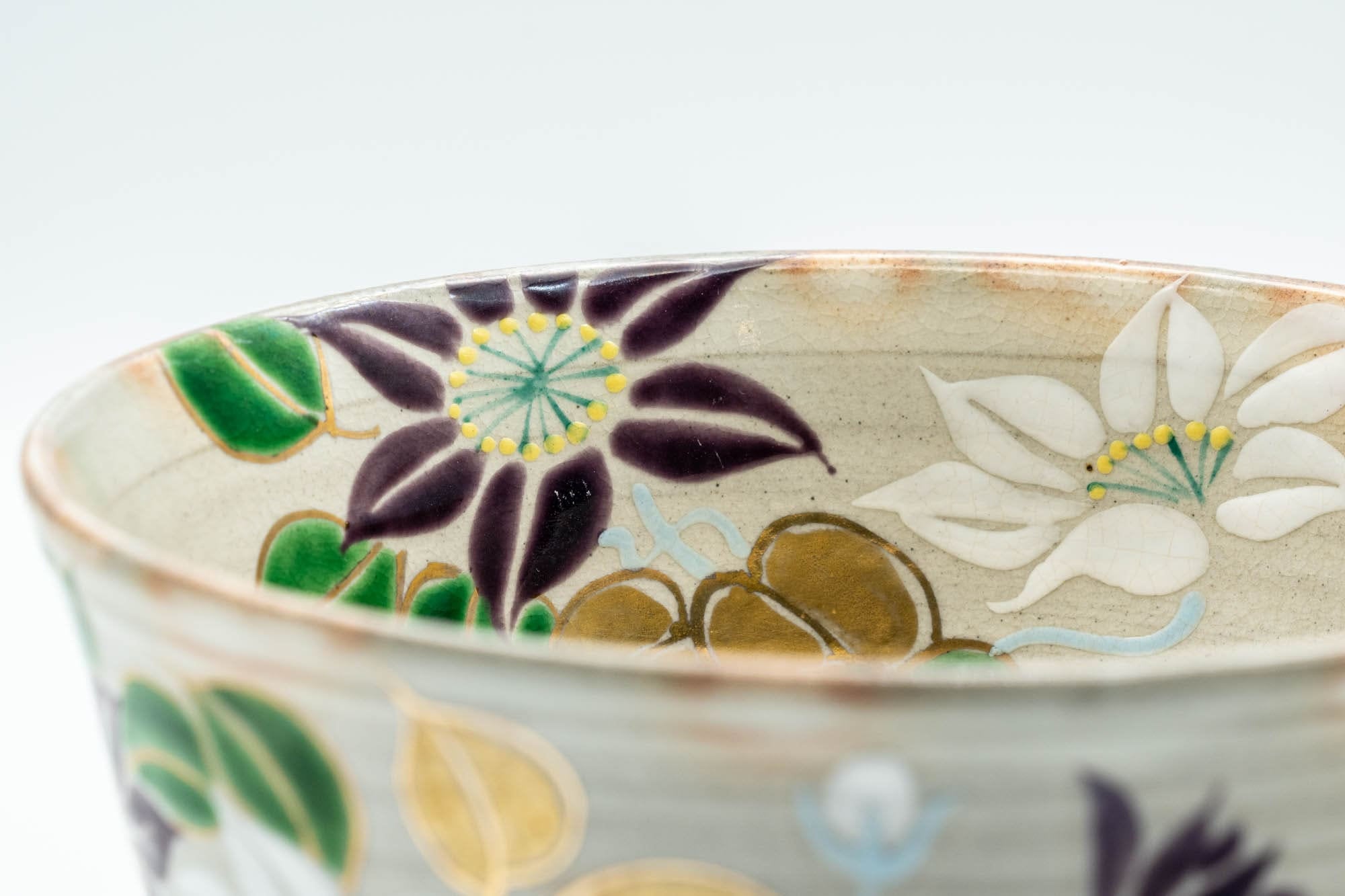 Japanese Matcha Bowl Set - Floral Hatazori-gata Kyo-yaki Chawan with Bamboo Chasen Whisk and Chashaku Scoop - 350ml
