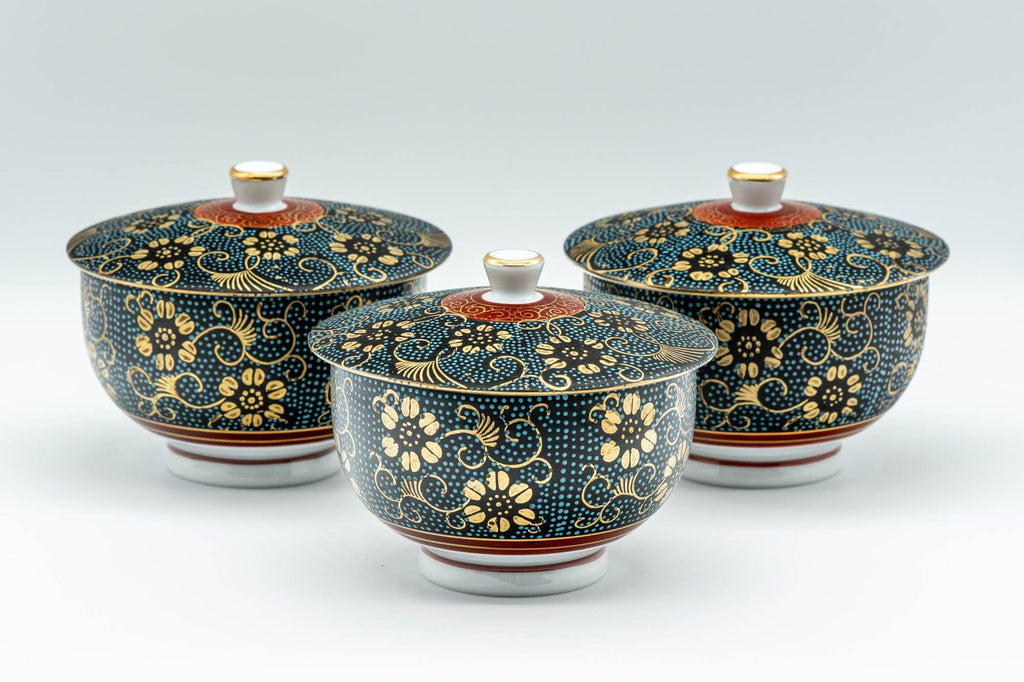 Japanese Teacup - 九谷焼 Floral Aochibu Kutani-yaki Porcelain Lidded Yunomi - 120ml