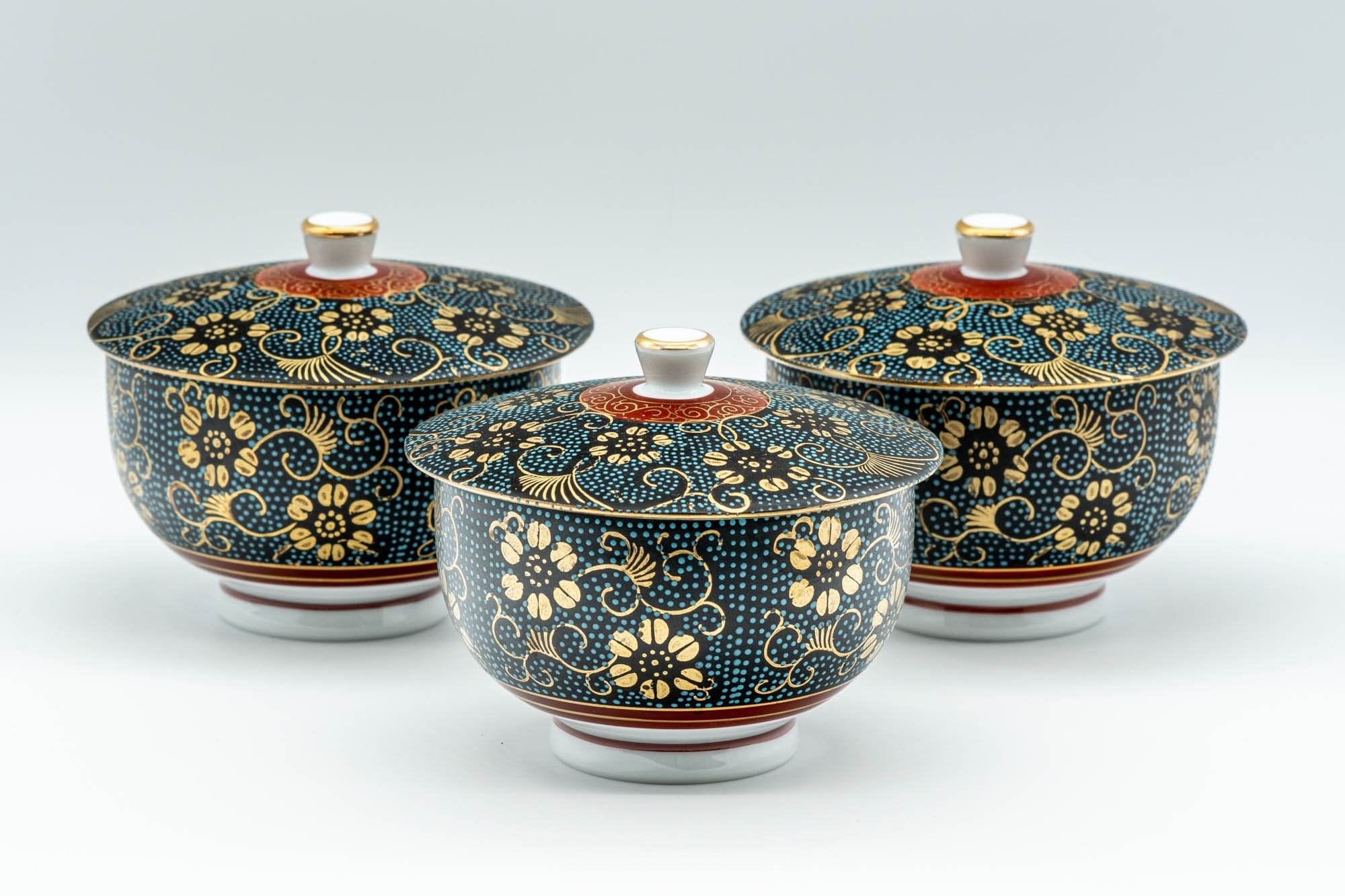 Japanese Teacup - 九谷焼 Floral Aochibu Kutani-yaki Porcelain Lidded Yunomi - 120ml