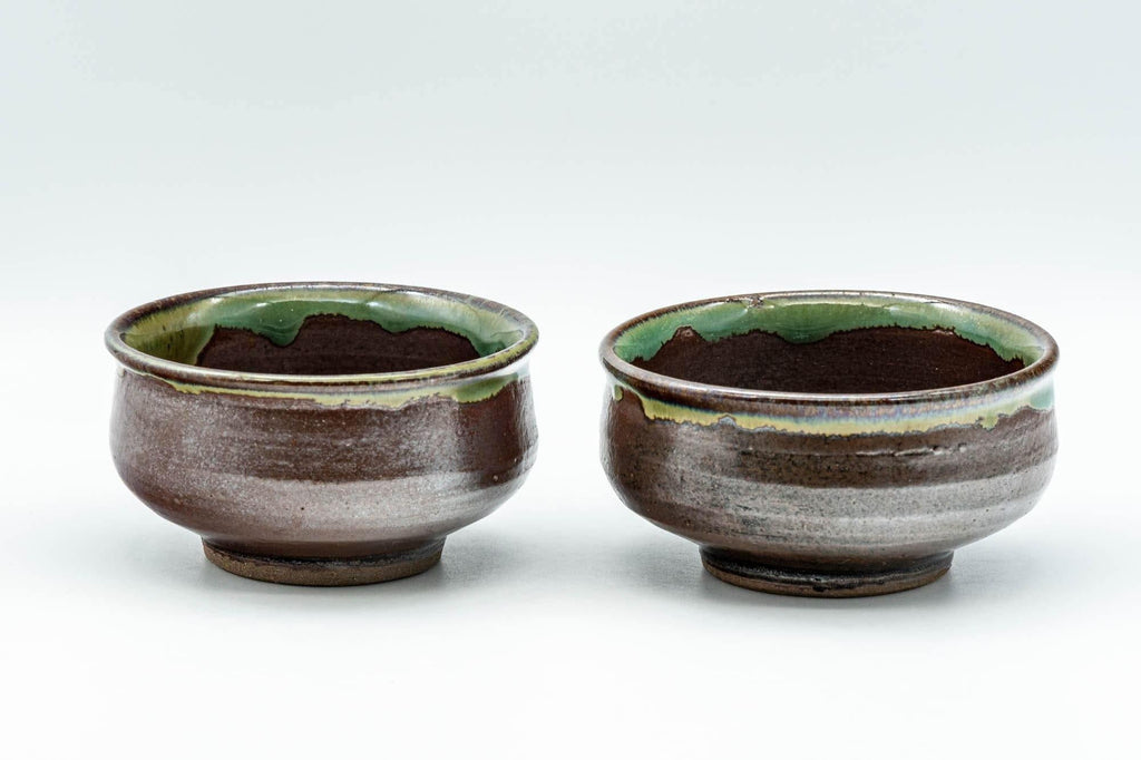 Japanese Teacups - Pair of Brown and Green Drip-Glazed Yunomi - 100ml