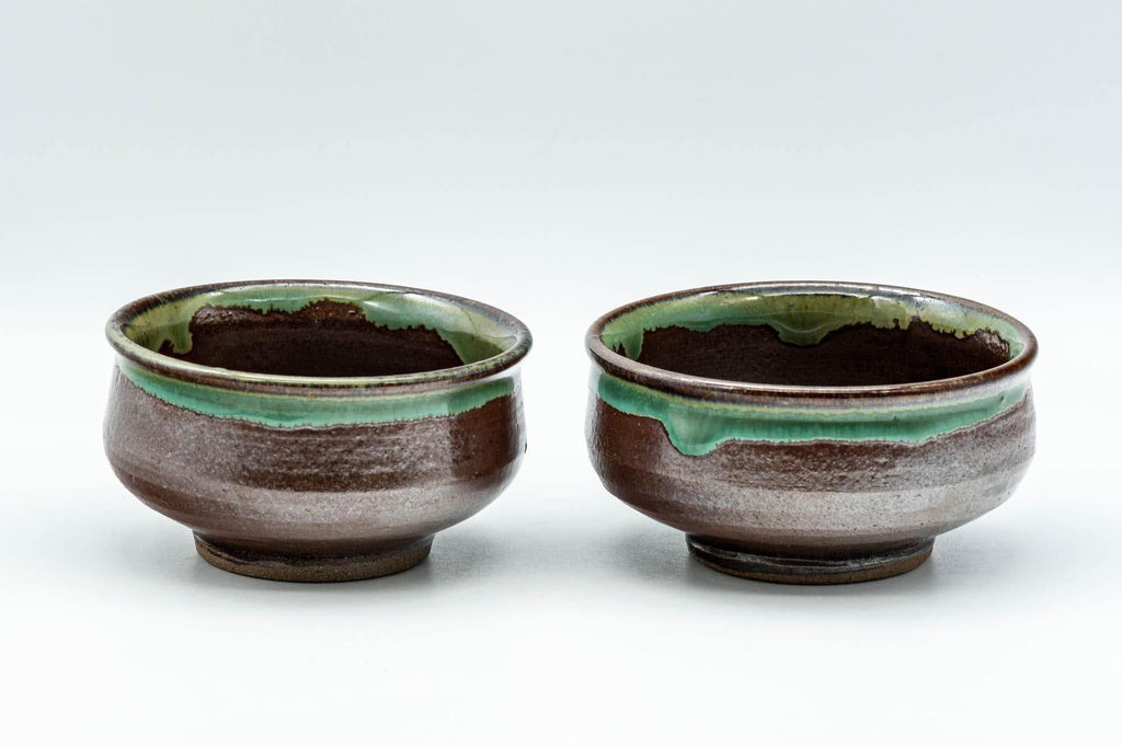 Japanese Teacups - Pair of Brown and Green Drip-Glazed Yunomi - 100ml
