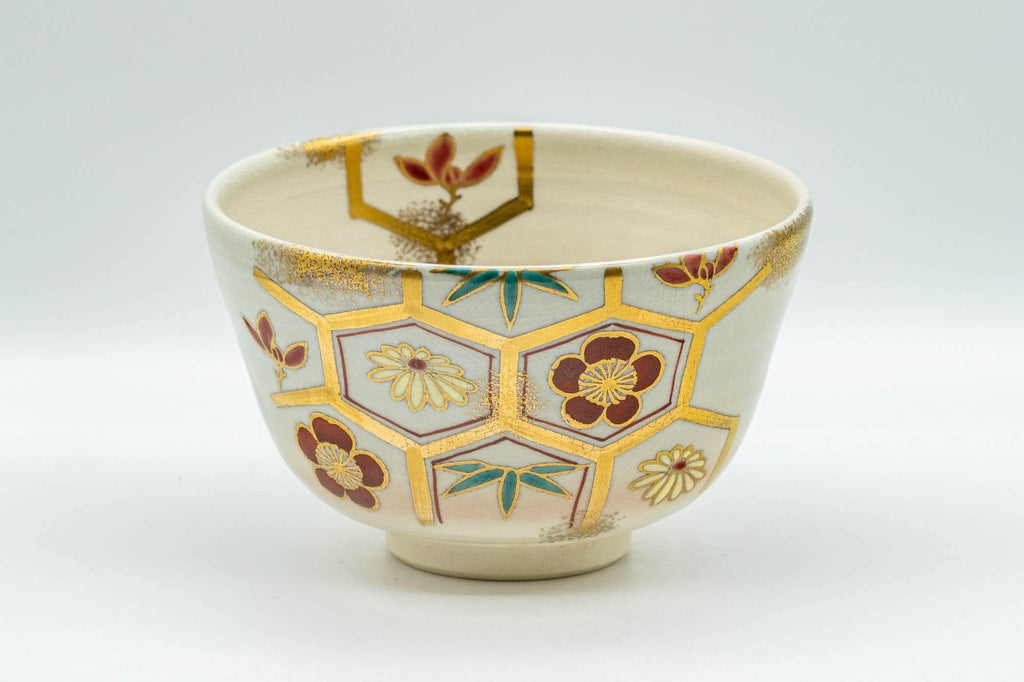Japanese Matcha Bowl - Floral Gold Painted Kyo-yaki Chawan - 350ml