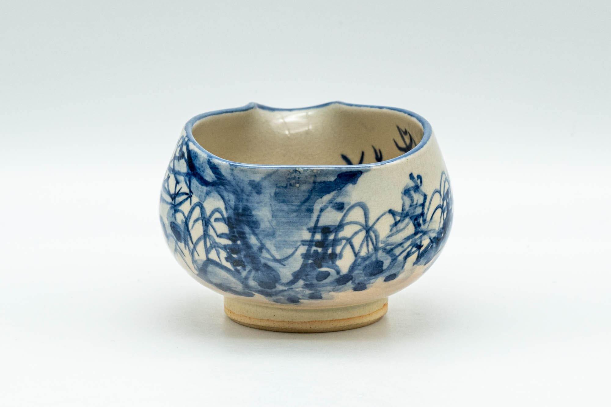 Japanese Katakuchi - Beige and Blue Illustrated Hagi-yaki Water Cooler - 125ml