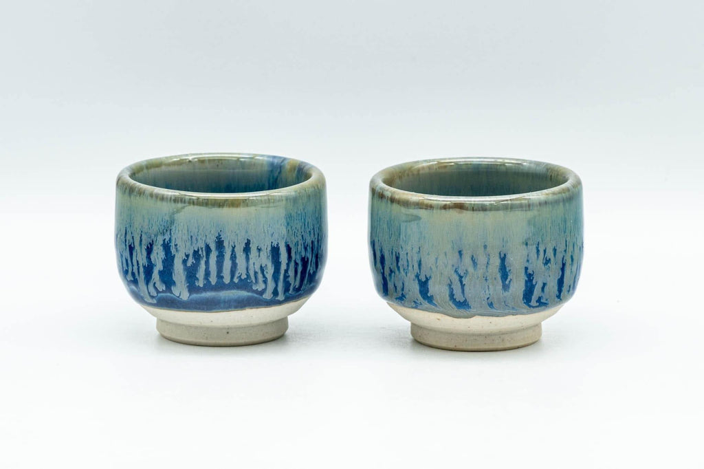 Japanese Teacups - Pair of Blue Drip-Glazed Guinomi - 35ml
