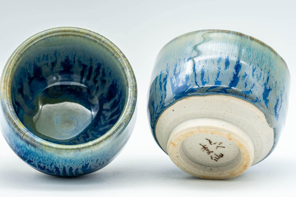 Japanese Teacups - Pair of Blue Drip-Glazed Guinomi - 35ml