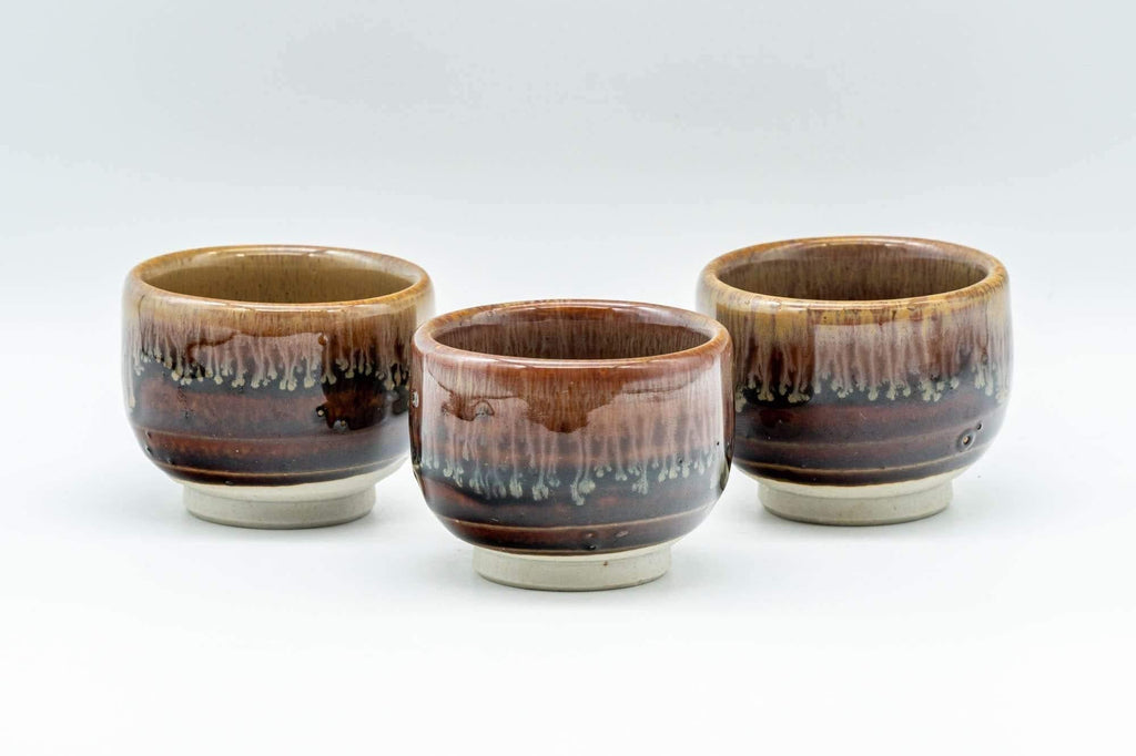 Japanese Teacups - Set of 3 Orange Drip-Glazed Guinomi - 35ml