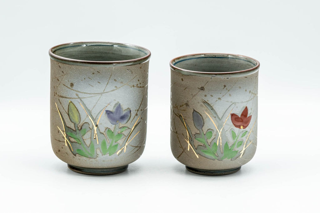 Japanese Teacups - Pair of Floral Green Meoto Yunomi - Arita-yaki