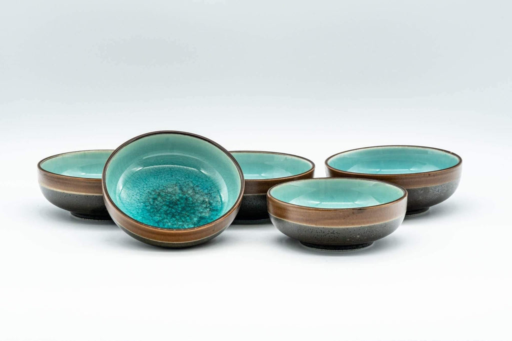 Japanese Teacups - Set of 5 Turquoise Glaze Porcelain Guinomi - 50ml