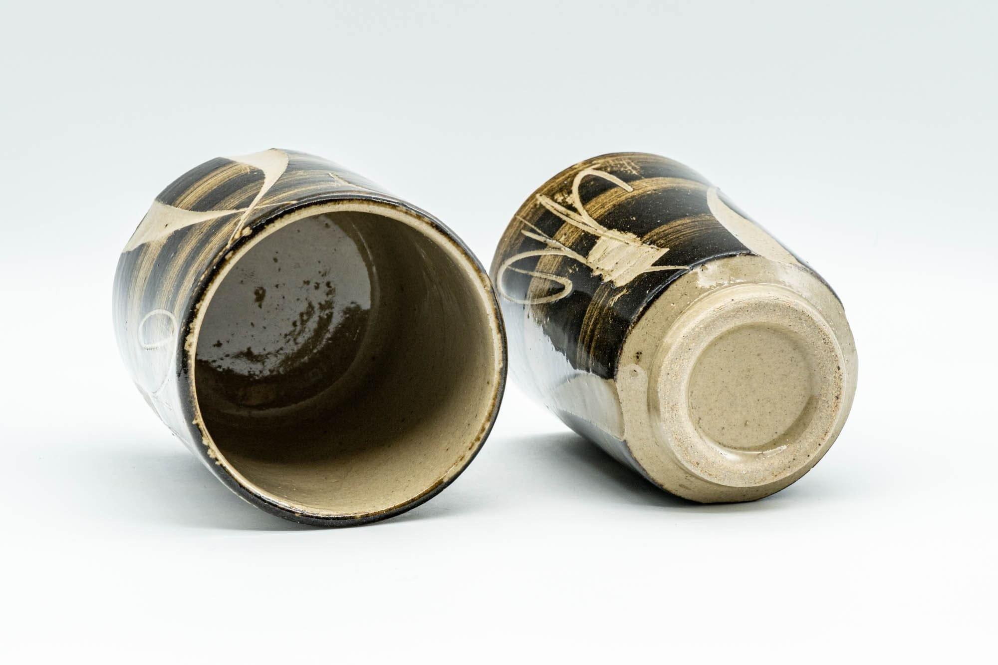 Japanese Teacups - Pair of Beige Carved Spiraling Meoto Yunomi