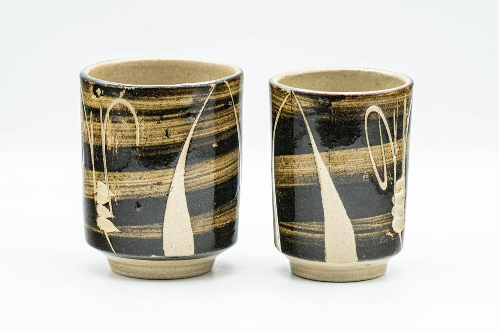 Japanese Teacups - Pair of Beige Carved Spiraling Meoto Yunomi