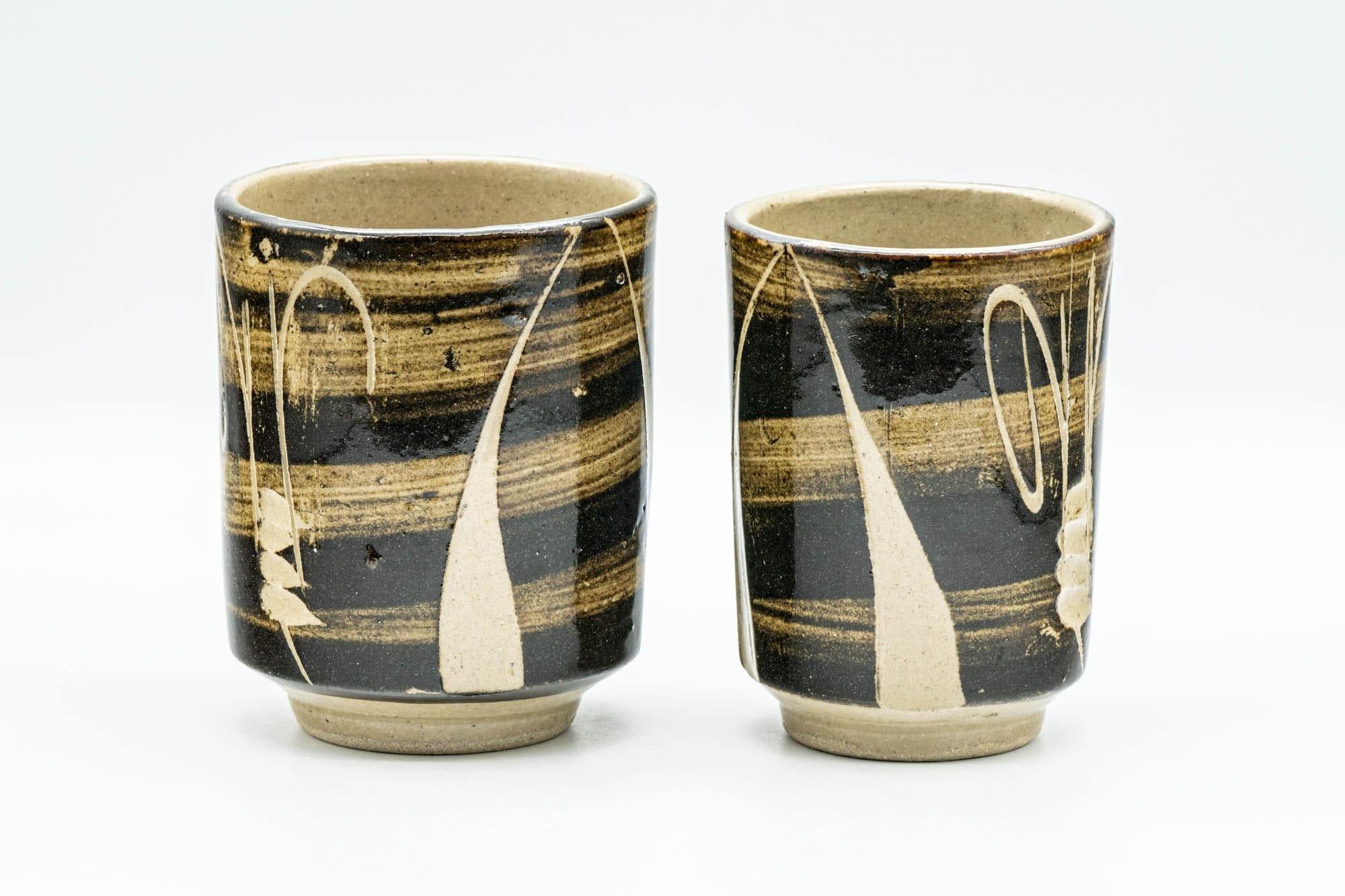 Japanese Teacups - Pair of Beige Carved Spiraling Meoto Yunomi