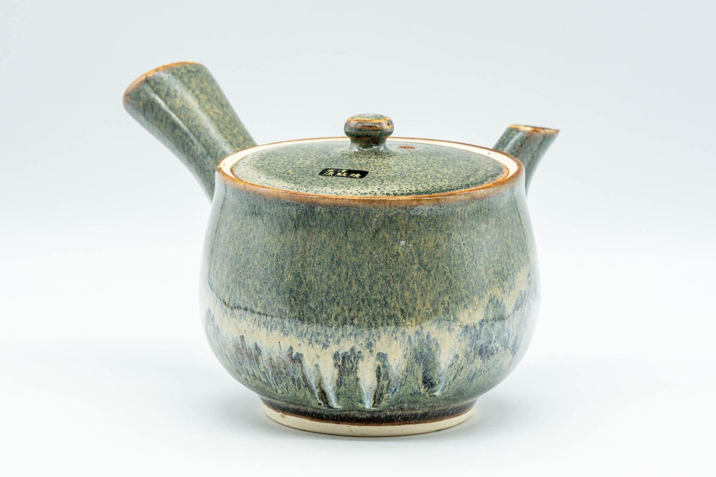Japanese Tea Set - Green Drip-Glazed Debeso Kyusu Teapot with 5 Yunomi Teacups