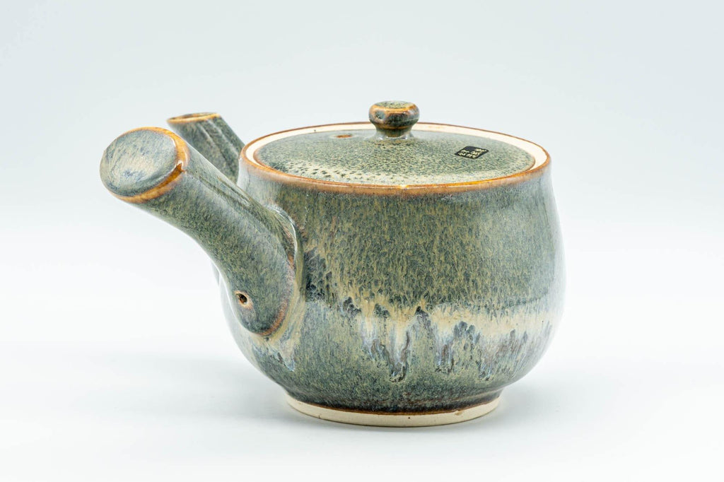 Japanese Tea Set - Green Drip-Glazed Debeso Kyusu Teapot with 5 Yunomi Teacups