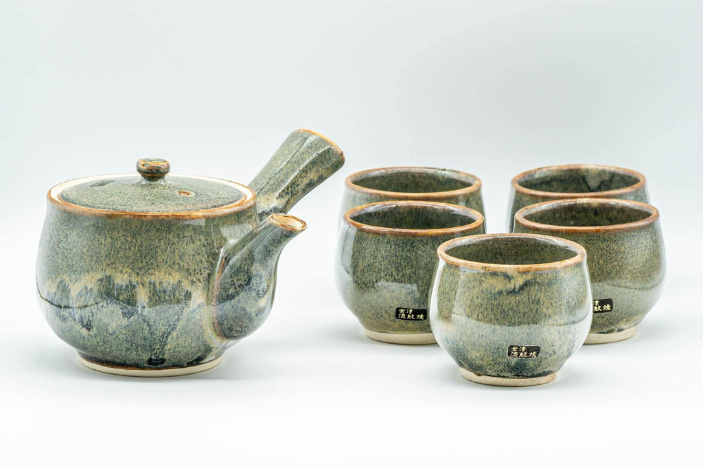 Japanese Tea Set - Green Drip-Glazed Debeso Kyusu Teapot with 5 Yunomi Teacups