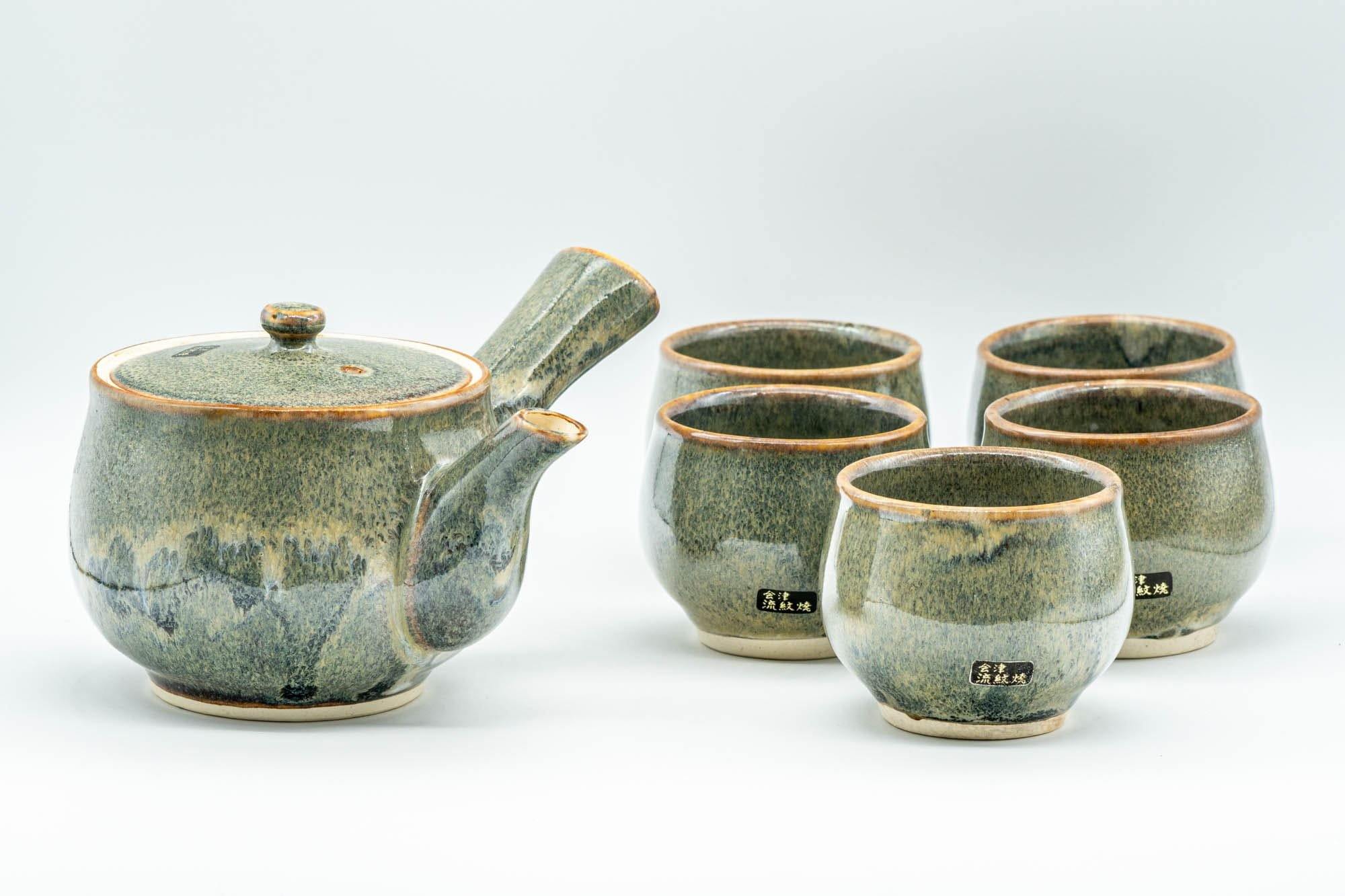 Japanese Tea Set - Green Drip-Glazed Debeso Kyusu Teapot with 5 Yunomi Teacups