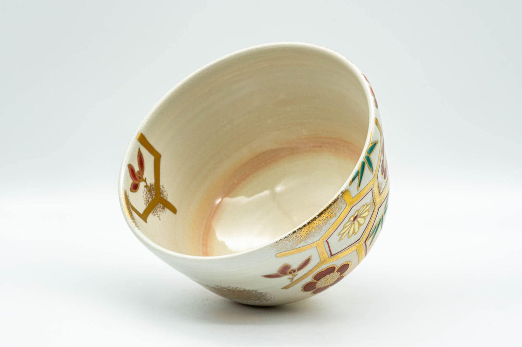 Japanese Matcha Bowl - Floral Gold Painted Kyo-yaki Chawan - 350ml