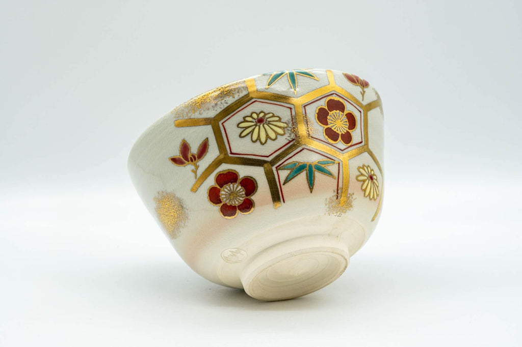 Japanese Matcha Bowl - Floral Gold Painted Kyo-yaki Chawan - 350ml