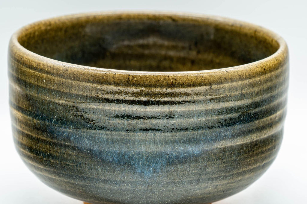 Japanese Matcha Bowl - Blue Hare's Fur Glazed Green Striped Chawan - 450ml