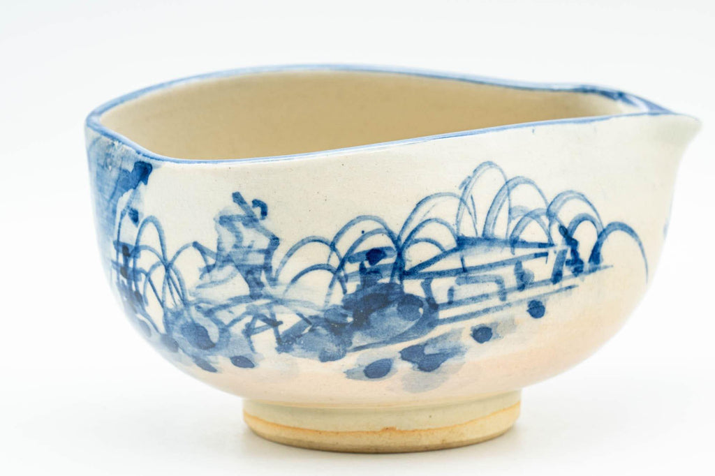 Japanese Katakuchi - Beige and Blue Illustrated Hagi-yaki Water Cooler - 125ml