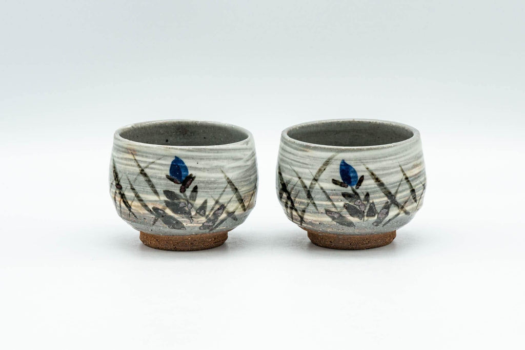 Japanese Teacups - Pair of Floral Brush Glazed Guinomi - 50ml