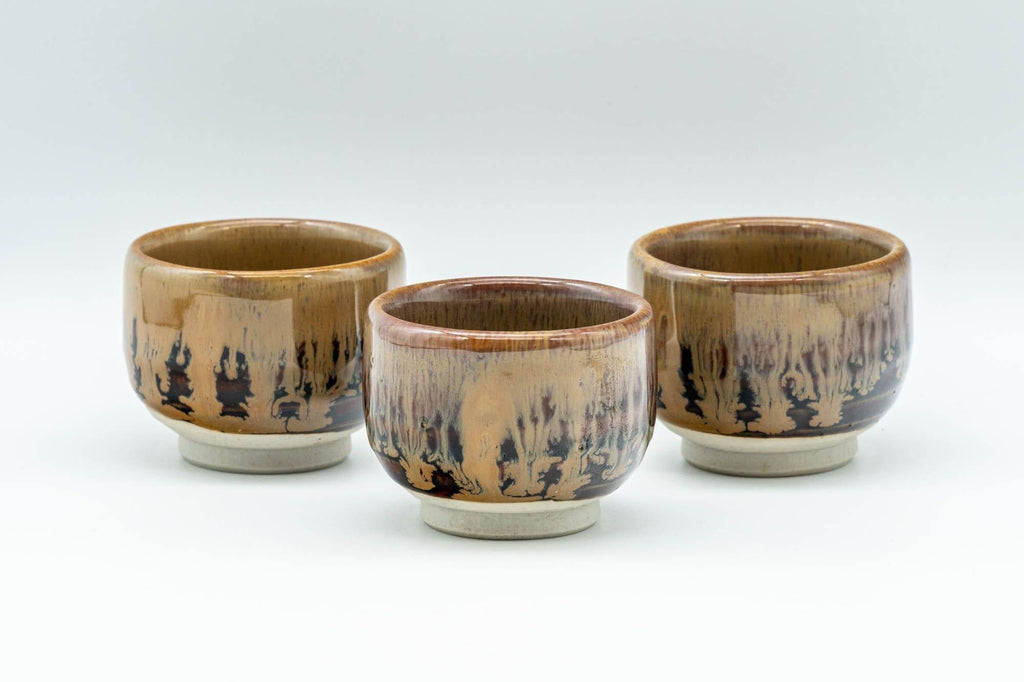 Japanese Teacups - Set of 3 Orange Drip-Glazed Guinomi - 35ml
