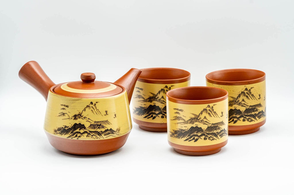 Japanese Tea Set - Mountainous Tokoname-yaki Debeso Kyusu with 3 Yunomi Teacups