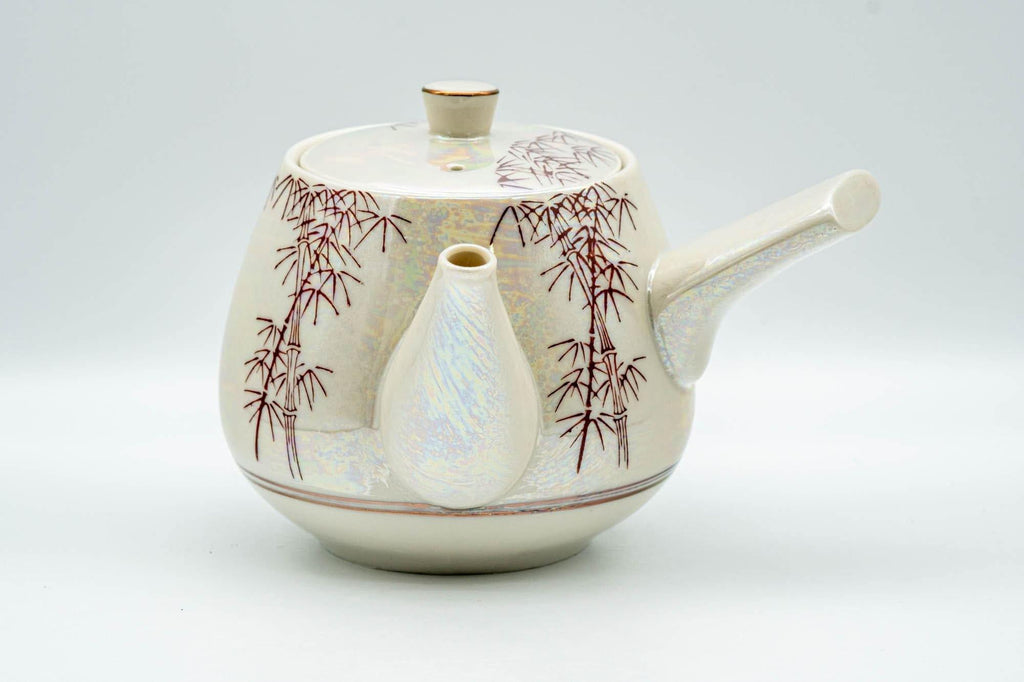 Japanese Tea Set - Red Bamboo White Holographic Glossy Glazed Debeso Kyusu Teapot with 2 Yunomi Teacups- 600ml