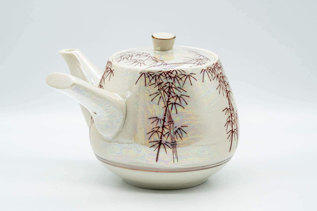 Japanese Tea Set - Red Bamboo White Holographic Glossy Glazed Debeso Kyusu Teapot with 2 Yunomi Teacups- 600ml