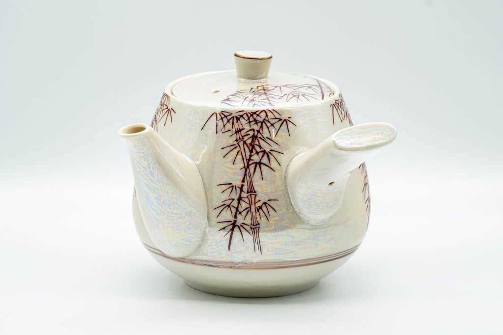 Japanese Tea Set - Red Bamboo White Holographic Glossy Glazed Debeso Kyusu Teapot with 2 Yunomi Teacups- 600ml