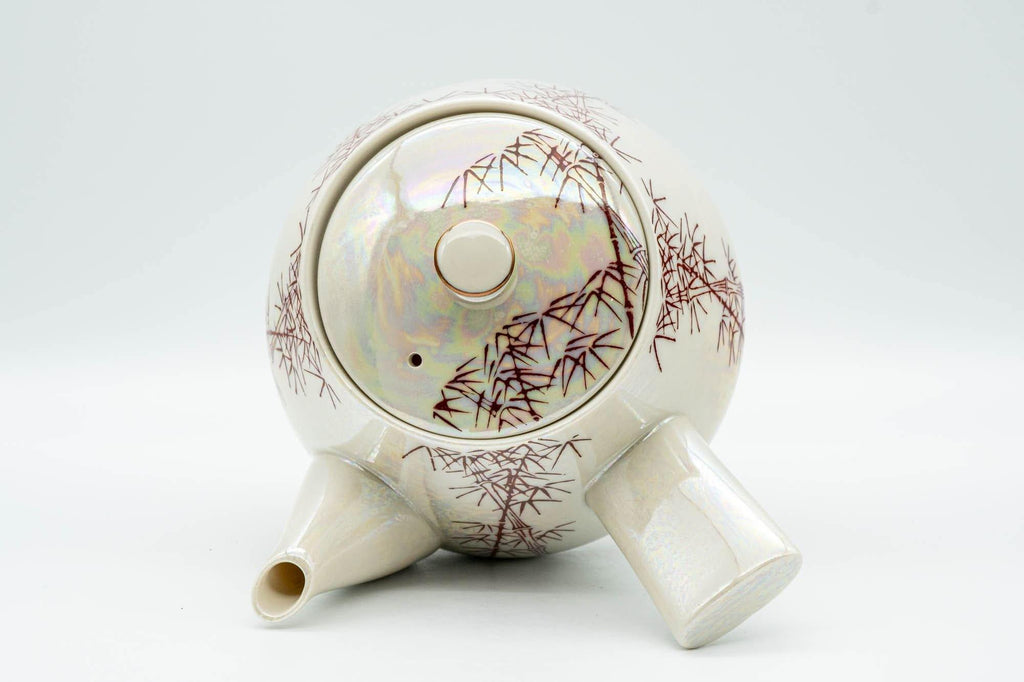 Japanese Tea Set - Red Bamboo White Holographic Glossy Glazed Debeso Kyusu Teapot with 2 Yunomi Teacups- 600ml