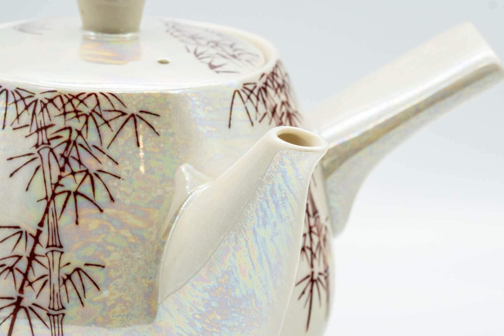 Japanese Tea Set - Red Bamboo White Holographic Glossy Glazed Debeso Kyusu Teapot with 2 Yunomi Teacups- 600ml