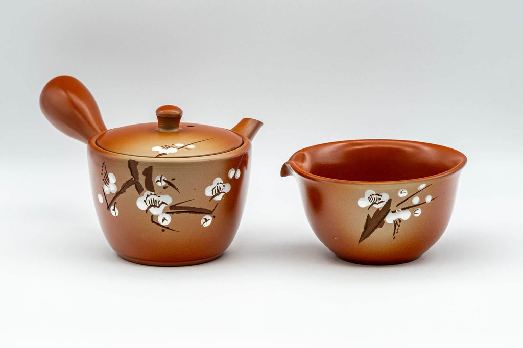 Japanese Tea Set - Plum Blossoms Tokoname-yaki Kyusu Teapot and Katakuchi Water Cooler