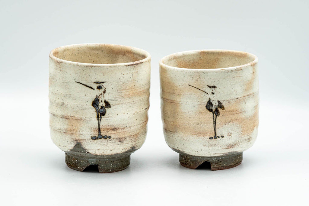 Japanese Teacups - Pair of 西山窯 Seizan Kiln Standing Cranes Kyo-yaki Meoto Yunomi